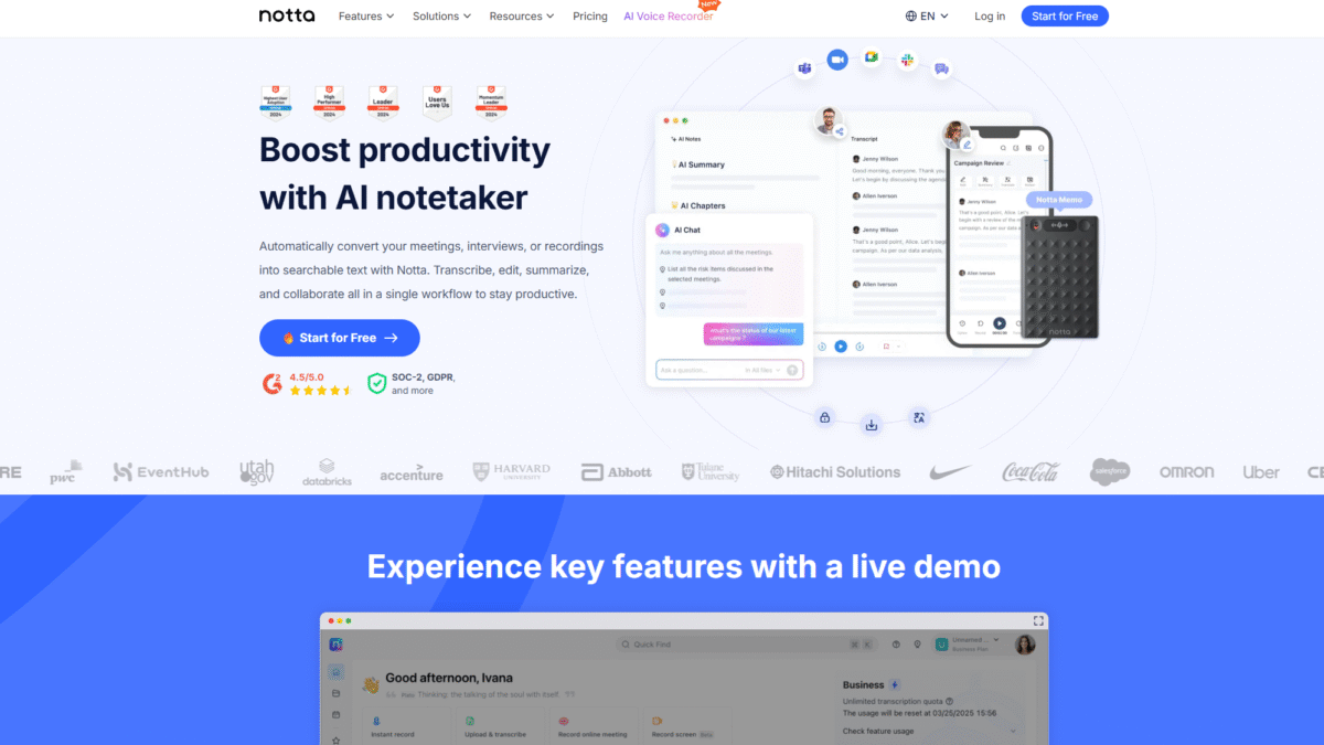 Notta AI Homepage
